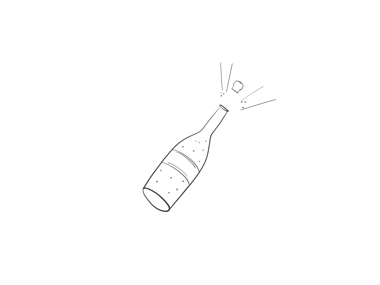 Tekening champagne fles met vliegende kurk