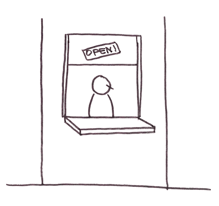 Tekening van een kassa die open is met persoon achter de balie