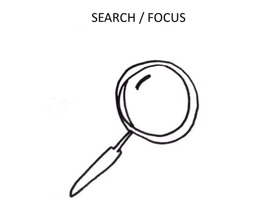 Tekening vergrootglas met tekst 'search/focus' erboven